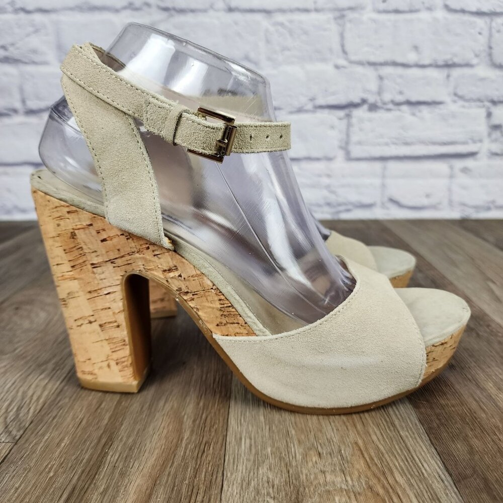 Groove Women's 9.5 Beige Suede Leather Cork Ankle Strap Block High Heel Shoes